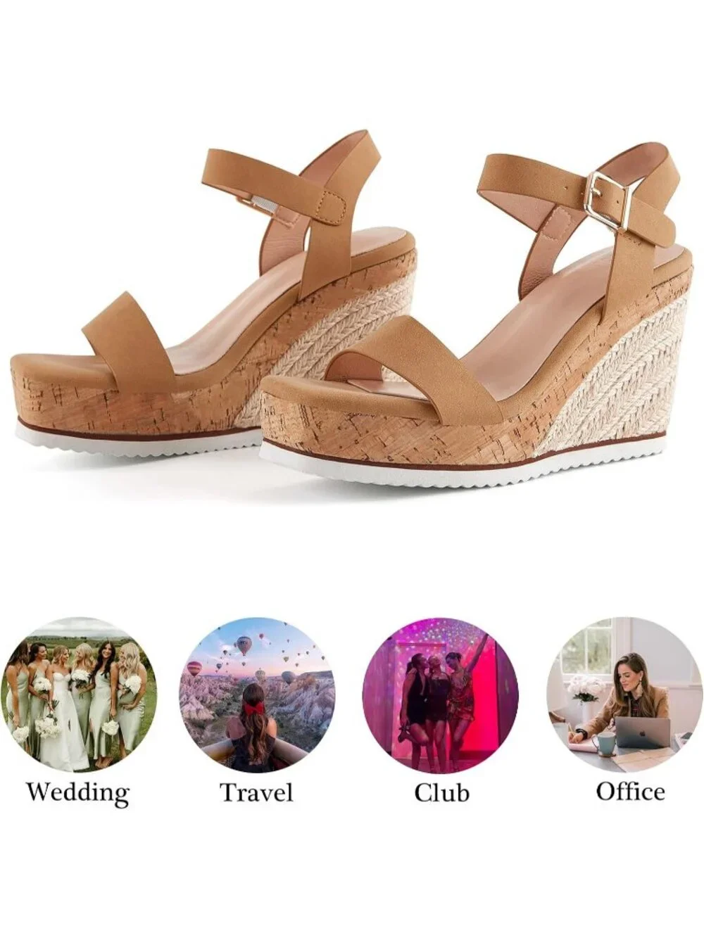 Women's Tan Espadrille Wedge Platform Sandal Open Toe Ankle Buckle Strap Shoes